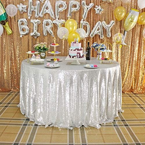 JYFLZQ Silver Sequin Tablecloth, Glitter Party Table Cover 120 Inch Round by JYFLZQ
