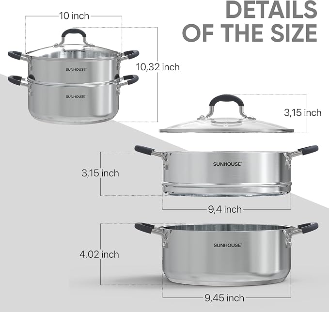 SUNHOUSE 4.6 QT Stainless Steel Steamer Pot for Cooking with Glass Lid - Image 7