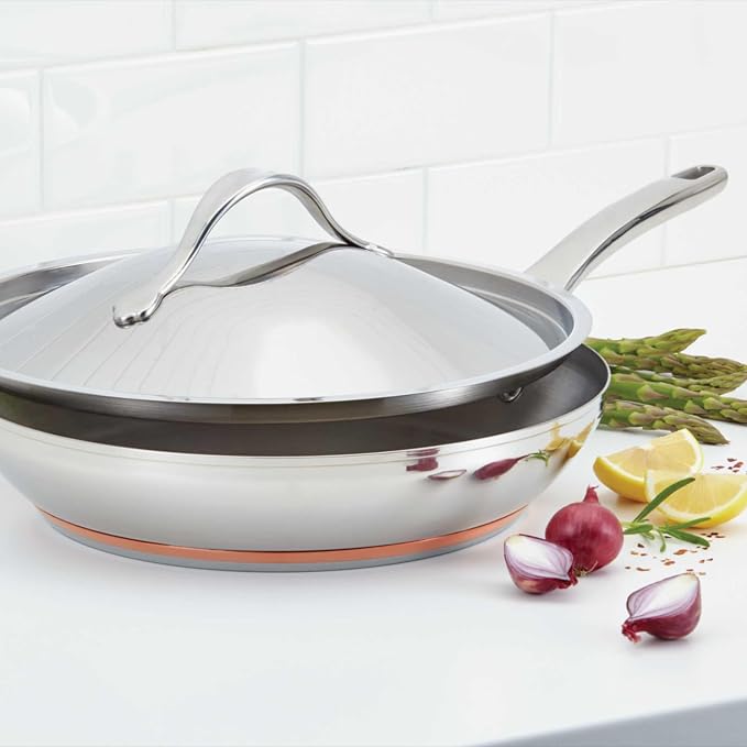 Anolon Nouvelle Stainless Stainless Steel Frying Pan / Fry Pan / Stainless Steel Skillet with Lid - 12 Inch, Silver - Image 2