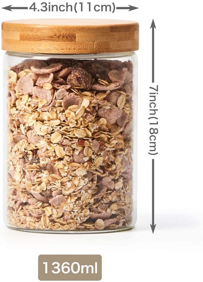 EZOWare Set of 4 Airtight Glass Jars, 46 Fl oz Large Storage Clear Canister Container Set with Bamboo Lid for for Storing Candy, Cookie, Rice, Sugar, Flour, Spices, Nuts, Coffee, Pasta - Image 2