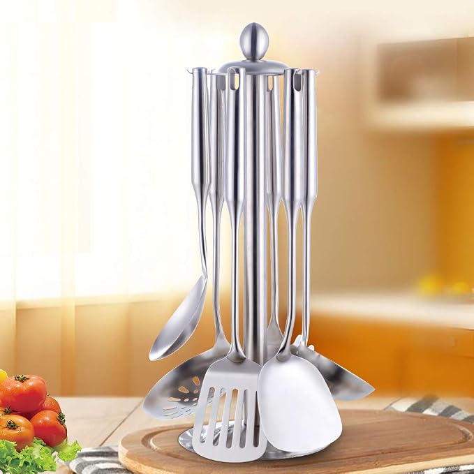 Baikai Kitchen Utensils Set of 7, Titanium Plated Silver Cooking Tool Gadgets Stainless Steel Cookware Set with Holder - Image 7