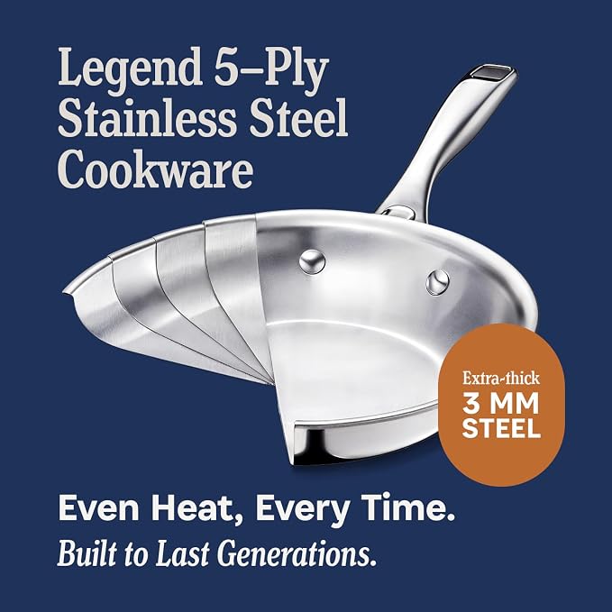 LEGEND COOKWARE 5-Ply Stainless Steel 3.5-Quart Saute Pan with Lid - Induction Compatible, Oven Safe 800°F - Non-Toxic, No Coatings - Even Heating, Won't Warp - Built to Last Generations - Image 3