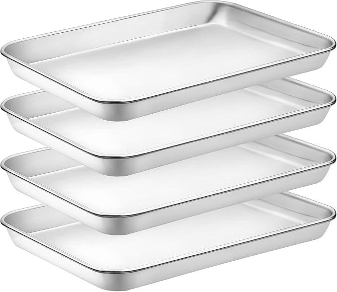 4 Pieces Baking Sheet Pan Tray, CEKEE Stainless Steel Small Cookie Sheets for Baking, Baking Sheets for Oven, Warp Resistant & Heavy Duty & Rust Free Baking Pans Set - Size 9.3 x 6.9 x 0.98 Inch by CEKEEBakingEasilyHappily