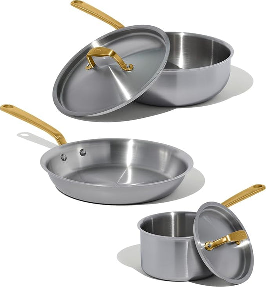 Made In Cookware - 5 Pc Stainless Steel Cookware Set (Antique Brass Handle) - 5 Ply Clad - Includes Stainless Steel Frying Pan, Saucepan and Saucier with Lid - Professional Cookware - Crafted in Italy by MadeIn