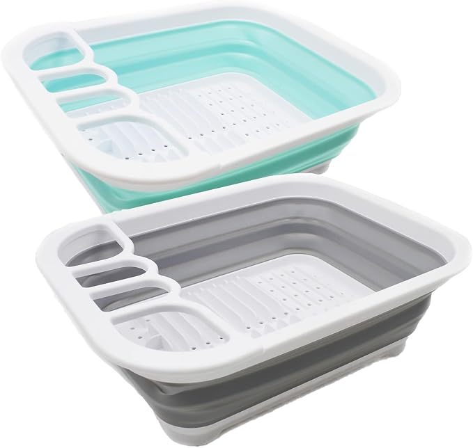 SAMMART Collapsible Dish Drainer - Foldable Drying Rack Set - Portable Dinnerware Organizer - Space Saving Kitchen Utensil Storage Tray (2, Grey + Lake Green (Set of 2)) by SAMMART
