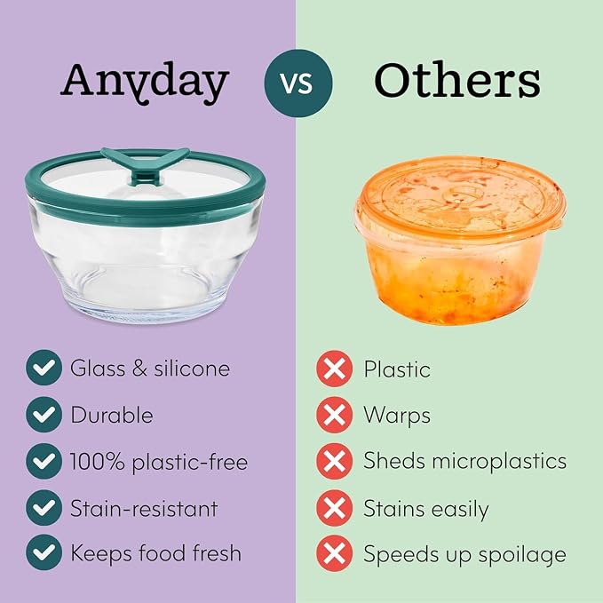 Anyday 4-Piece Medium Glass Food Storage with Lids (Clear Blueberry) | Plastic-Free Meal Prep, Microwave Cookware, Stackable Airtight Container, Vented Lid, Microwave-Safe Reheating - Image 3