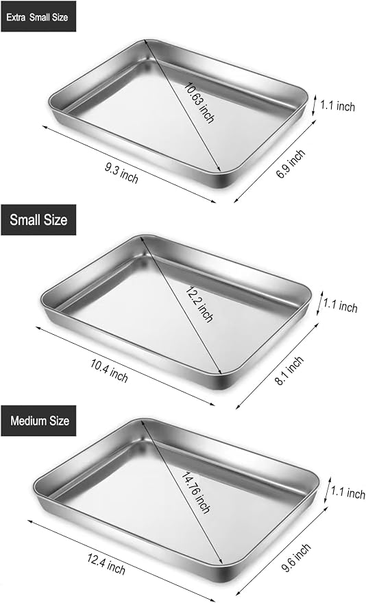 Stainless Steel 304 Small Cookie Baking Sheet Pans 10.4" 2Pack | 1/8 Metal Little Serving Trays, 10.4 x8.1 x1.1Inch, Reheat Food, No Rust, Dishwasher Safe for 2 Person - Image 2