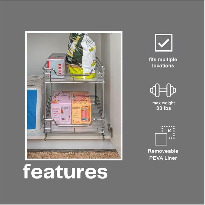 Household Essentials Glidez Chrome-Plated Steel Pull-Out/Slide-Out Storage Organizer with Plastic Liners for Under Cabinet Use - 2-Tier Design - Fits Standard Size Cabinet or Shelf, Chrome - Image 6