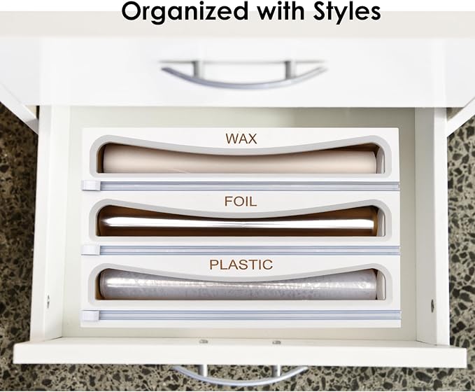 Bamboo Bag Organizer and Wrap Dispenser Bundle for Kitchen Drawer and Wall Mount (White) - Image 6
