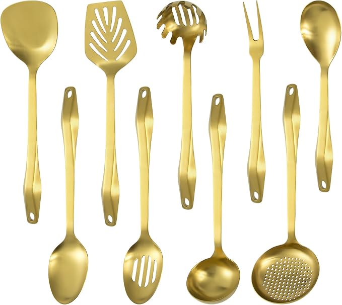 304 Stainless Steel Kitchen Utensil Set - 9pcs Cooking Utensils, Metal Kitchen Utensil Spatula Sets Cookware,High temperature resistance Kitchen Tool Set for Hanging Dishwasher Safe（Gold） by Lazycorner