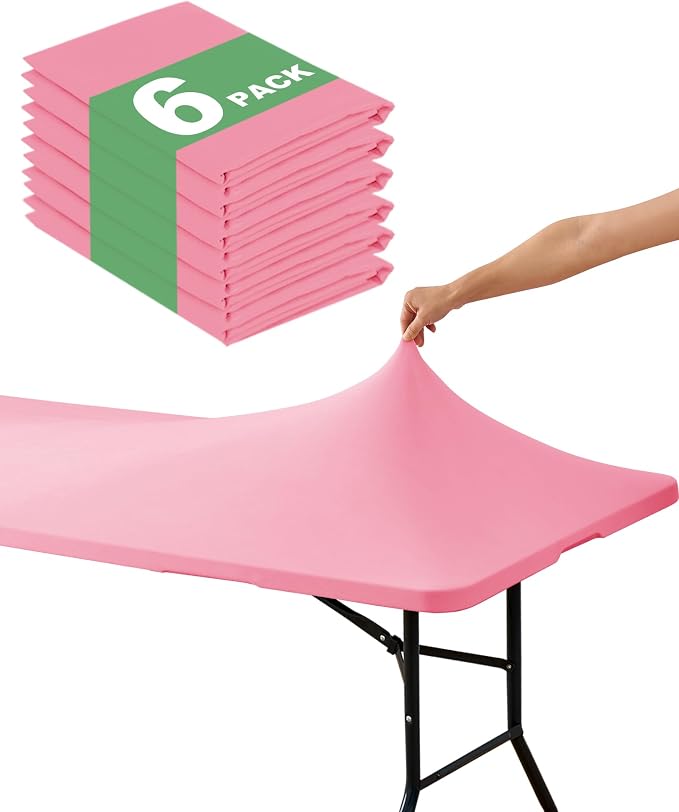 Fitted Tablecloth Rectangle Table Cloths with Elastic, 8 ft, Pink, 6 Pack by Keywave