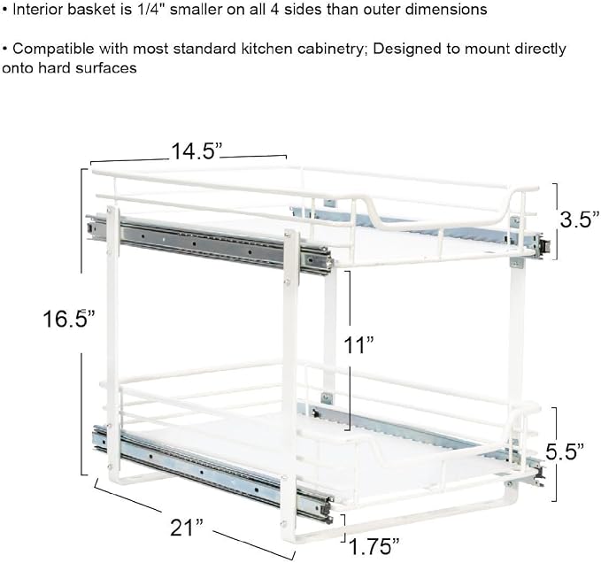 Household Essentials Glidez Multipurpose Paint-Finished Steel Pull-Out/Slide-Out Storage Organizer for Under Cabinet Use - 2-Tier Design - Fits Standard Size Cabinet or Shelf, White - Image 3