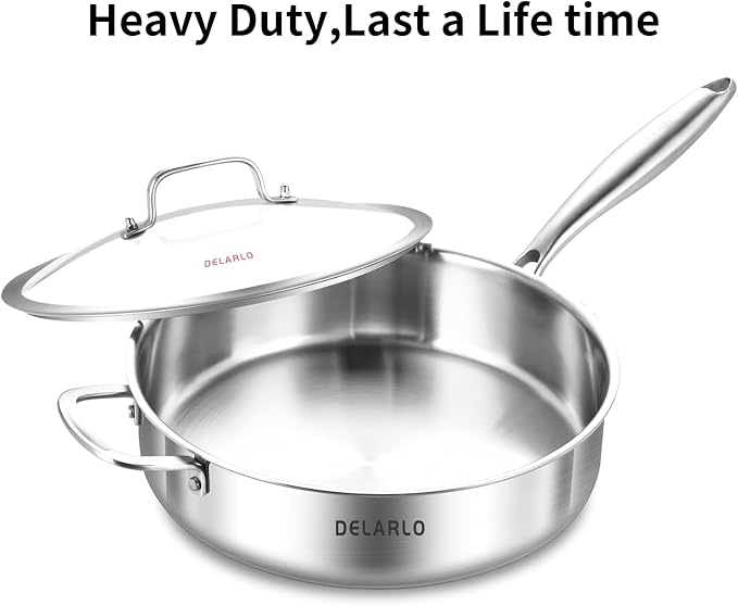 DELARLO Tri-Ply Stainless Steel 7QT Jumbo Cooker Saute Pan With Lid, 12.5 Inch Deep Frying Pan, Induction Large Skillet, Cooker Pan for Chefs, Dishwasher & Oven Safe - Image 4
