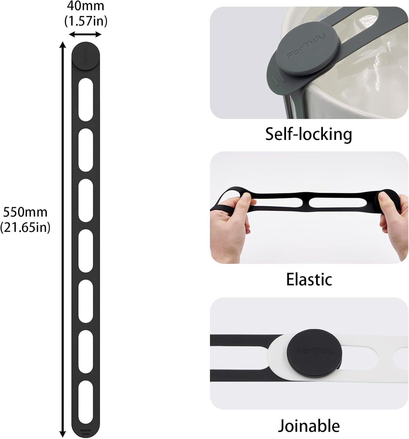 Silicone Utility Strap for Slow Cooker Lid, Pot, Bento Box, 21.65 In Reusable Elastic Self-Lock Silicone Tie for Bundling or Organizing Curtain, Cords, Yoga Mat, Camping Mat, 2pcs (Black&White)