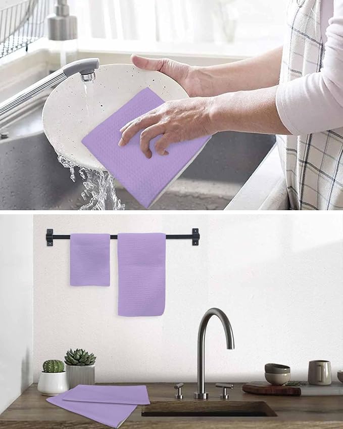 Purple Dish Towels Set, Waffle Weave Kitchen Towels Microfiber Towels Cleaning, Modern Solid Pure Colored Country Frenc Romantic Art Soft Absorbent Dish Drying Towels Hand Towels 4 Pack 12x12 Inch - Image 6