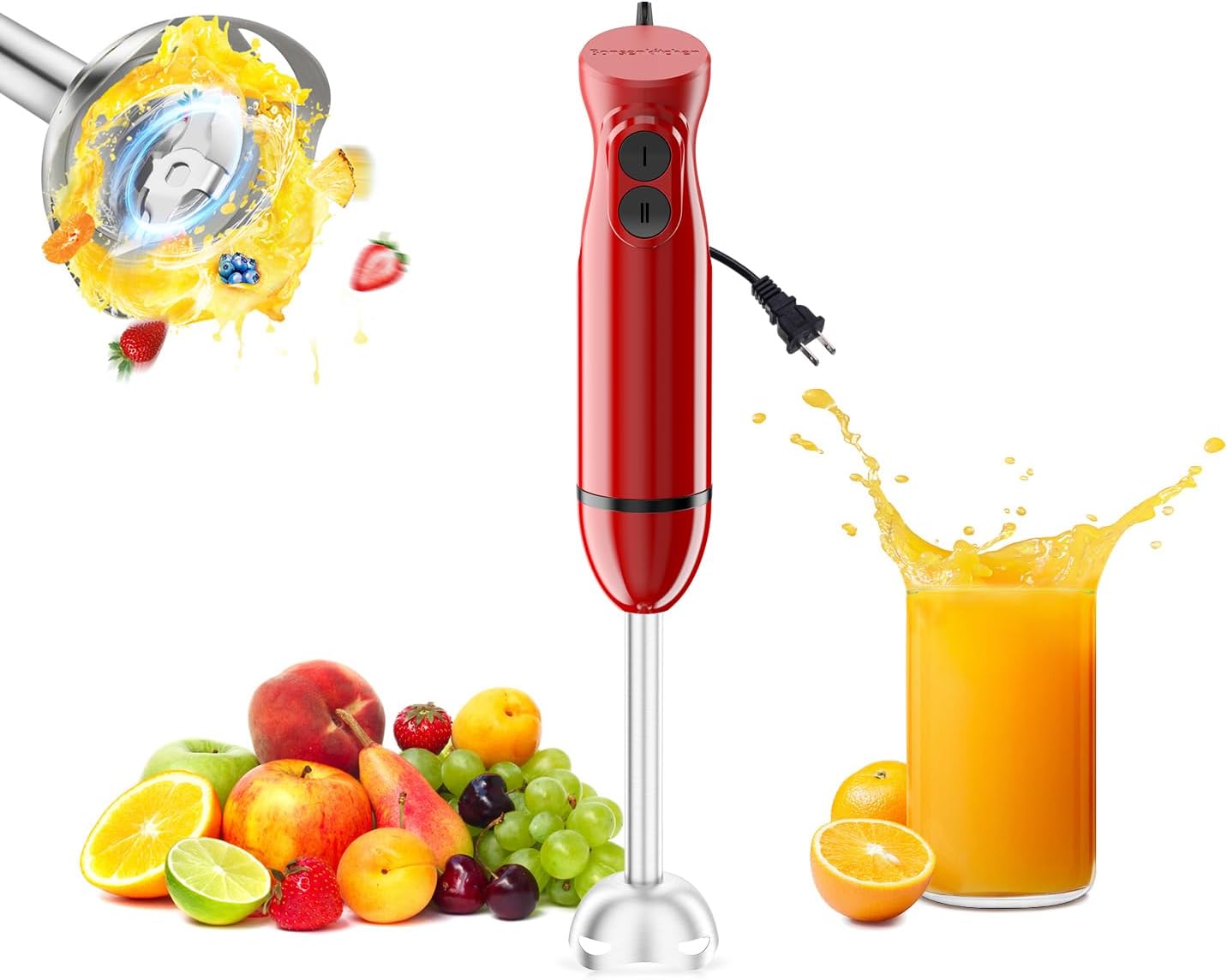 Bonsenkitchen Hand Blender, Immersion Blender with 2 Mixing Speed, Portable Electric Handheld Stick Mixer with Stainless Steel Blades for Soup, Smoothie, Puree, Baby Food, Red