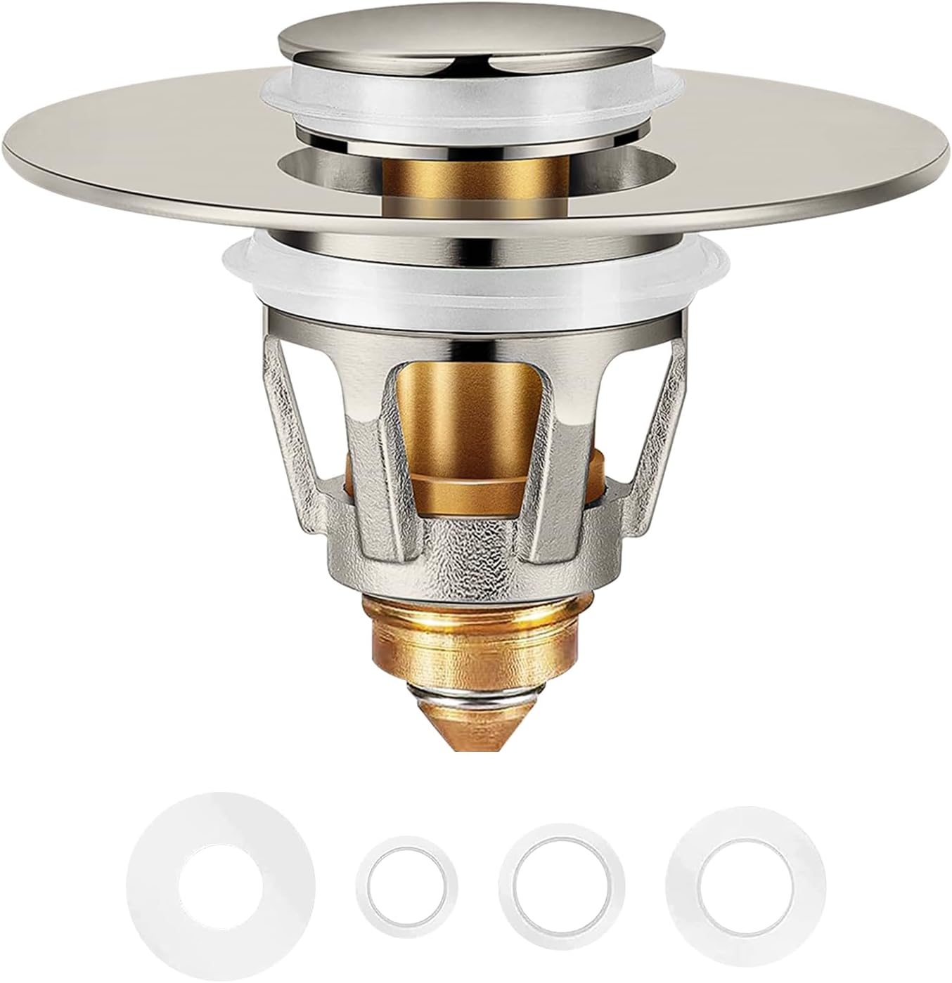 Universal Bathroom Sink Stopper in Brass, 1.04-1.97 Inch Pop Up Basin Sink Drain Stopper, Sink Drain Strainer with Anti Clogging Filter Hair Catcher, Brushed Nickel