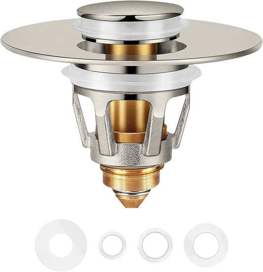 Universal Bathroom Sink Stopper in Brass, 1.04-1.97 Inch Pop Up Basin Sink Drain Stopper, Sink Drain Strainer with Anti Clogging Filter Hair Catcher, Brushed Nickel