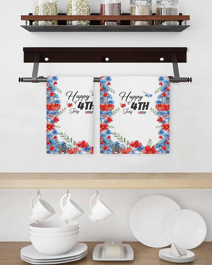 4th of July Hand Towels Set, Waffle Weave Kitchen Towels 4 Pieces, American Flag Red Blue Flowers Leaves Microfiber Hair Face Bath Tea Towel Absorbent Quick Drying Cleaning Dish Cloths, 15.7"x23.6" - Image 3