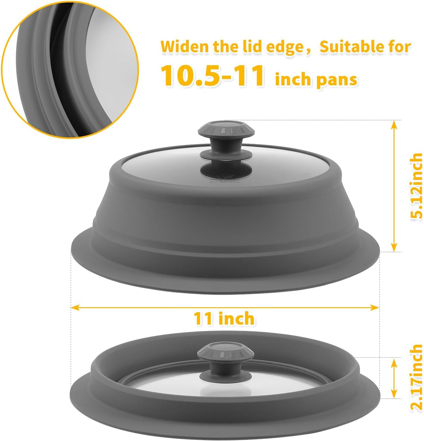 Collapsible Microwave Splatter Lid with Vented Tempered Glass Cover Wok Lid for Microwave Safe, Stockpot Steamer Pot Pan 10.5-11 inch Universal Multifunction Silicone Cover