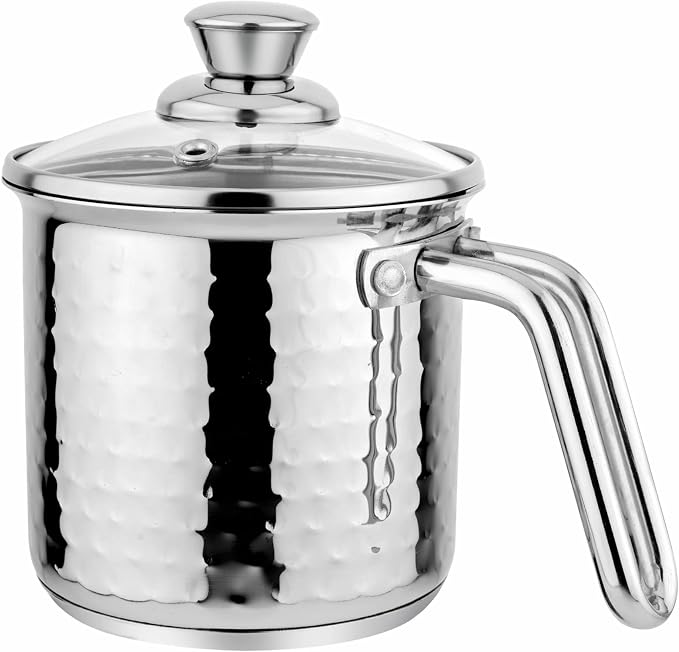 Prabha Stainless Steel Milk Pot With Handle 14cm 1.8 Litre | Hammered Milk Boiler Glass Lid Steam Vent | Tea Container Water Boiling | Coffee/Milk Warmer, Even & Faster Heating | Induction & Gas Stove by Unknown