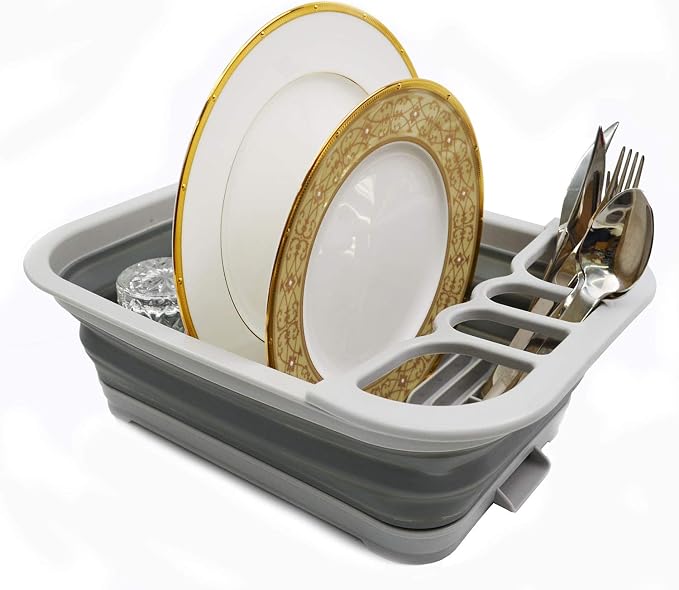 SAMMART Set of 2 Collapsible Dish Drainer with Drainer Board - Foldable Drying Rack Set - Portable Dinnerware Organizer - Space Saving Kitchen Storage Tray (2, Grey) - Image 6