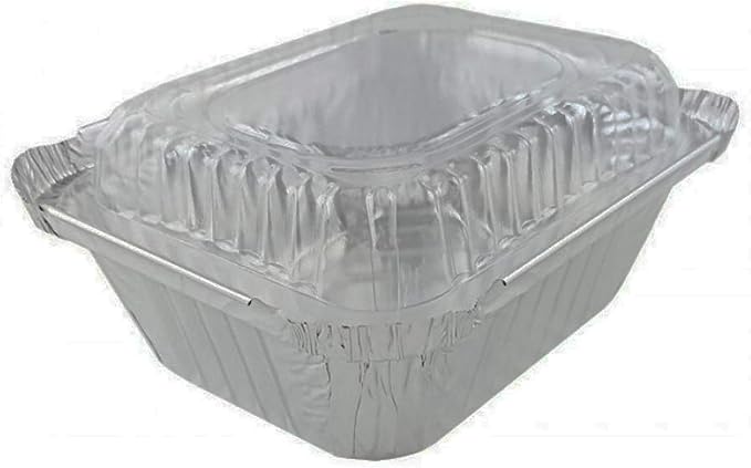 Tiger Chef Oblong Aluminum Tin Foil 1 Pound Pans Dimensions: 5.56" X 4.56" X 1.63" With Clear Dome Lids Measures: 5.5" X 4.5" X 1" Disposable Freezer to Oven Safe for Takeout Storing - 10 Pack - Image 2
