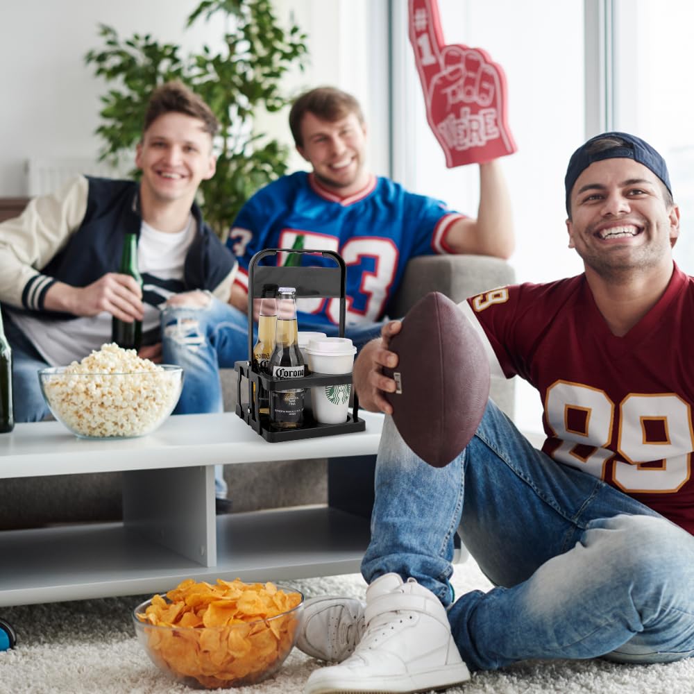 Bodaon 4 Cup Drink Carrier with Handle, Plastic Cup Carriers for Drinks, Drink Holder for Car, GrubHub/Eats Doordash Accessories, Portable Foldable Reusable Mobile, Use for Food Delivery Bag, Black