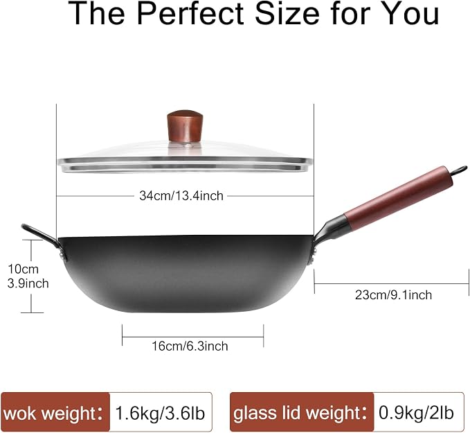 WANGYUANJI Carbon Steel Wok with Lid, 13.4" Hand Hammered Stir Fry Pan with Detachable Wooden Handle, Flat Bottom Wok Pan for Electric, Induction & Gas Stoves, No Coating (Black) - Image 5