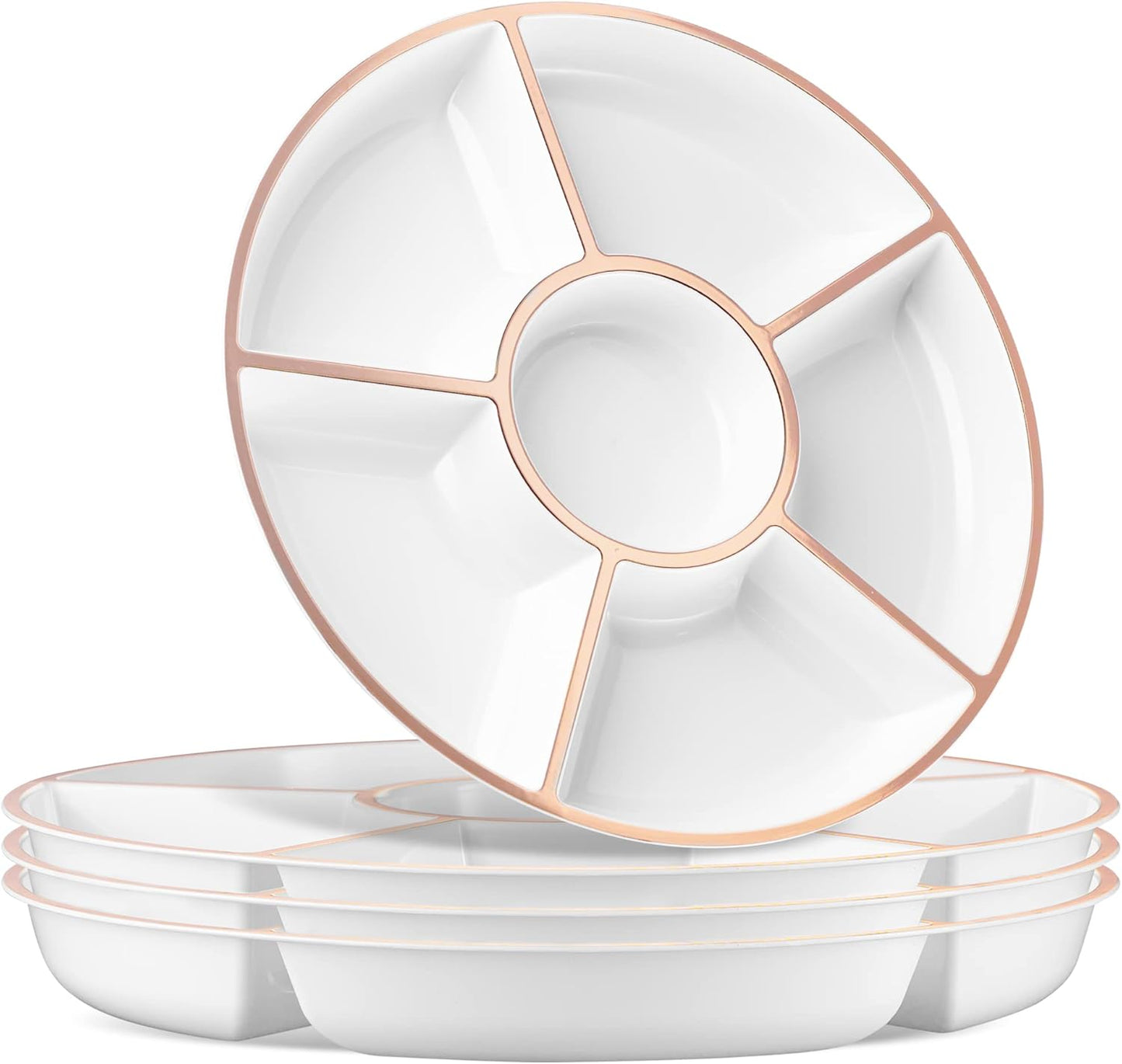 Plasticpro 6 Sectional Round Plastic Serving Tray/Platter (8, White & Rose Gold)