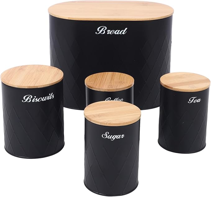 Set of 5 Bread Box and Canister Set for Kitchen Countertop, Metal Bread Bin Biscuit Sugar Tea Coffee Storage Canister with Lid, Black by Unknown