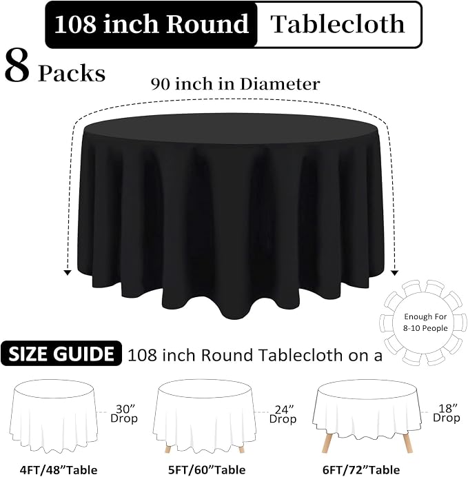 8 Packs 108 Inch Black Round Tablecloths - Image 2