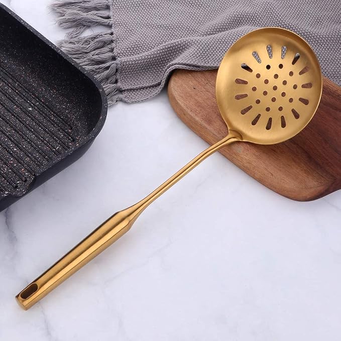 Kitchen Professional Skimmer Spoon, 304 Stainless Steel Slotted Spoon With Extra Large Bowl & Comfortable Grip Handle, Gold Durable Food Grade Strainer Spoon For Draining & Frying (14.5 inch) - Image 4