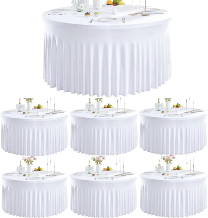 leegleri 6 Pack Spandex White Round Tablecloths for 72in Table, Stretchy 132inch Fitted 6FT Round Table Cloths, Wrinkle Free Table Cover with Skirt for Wedding Birthday Party Bridal Shower Banquet - Image 6