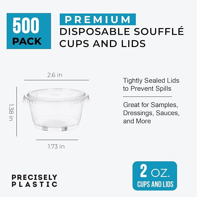 [500 sets - 2oz] Disposable Plastic Souffle/Portion Cups with Lids Bulk Perfect for Shot Glasses, Condiments, Toppings, Dressings, Sampling - Image 2