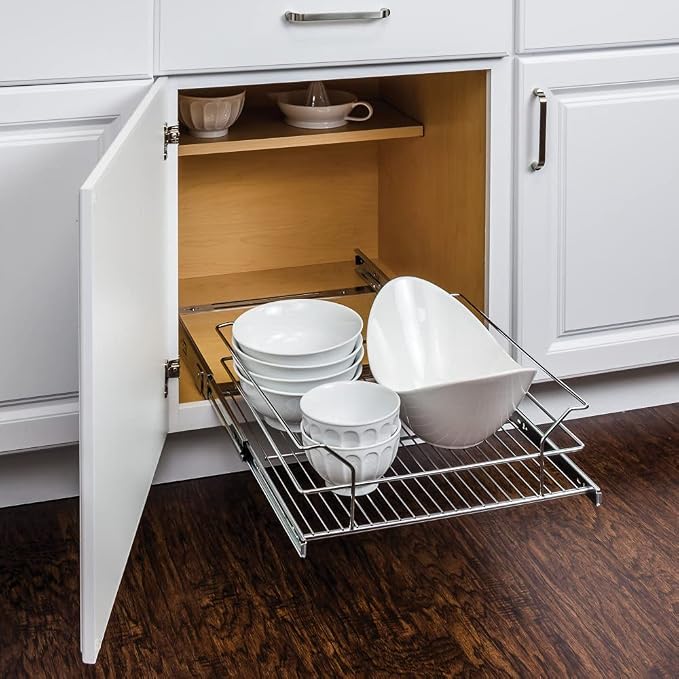 Hardware Resources MBPO21-R Assembled Single Sliding Pullout Steel Metal Wire Basket Organizer for Kitchen Cabinets Polished Chrome (18" for 21" Cabinet) - Image 2