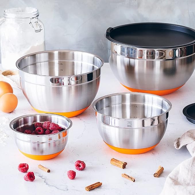BRA Efficient | Set of 4 Stainless Steel Bowls (12-16-20-24 cm) | Easy cleaning, with lids for each measure, dishwasher safe - Image 5