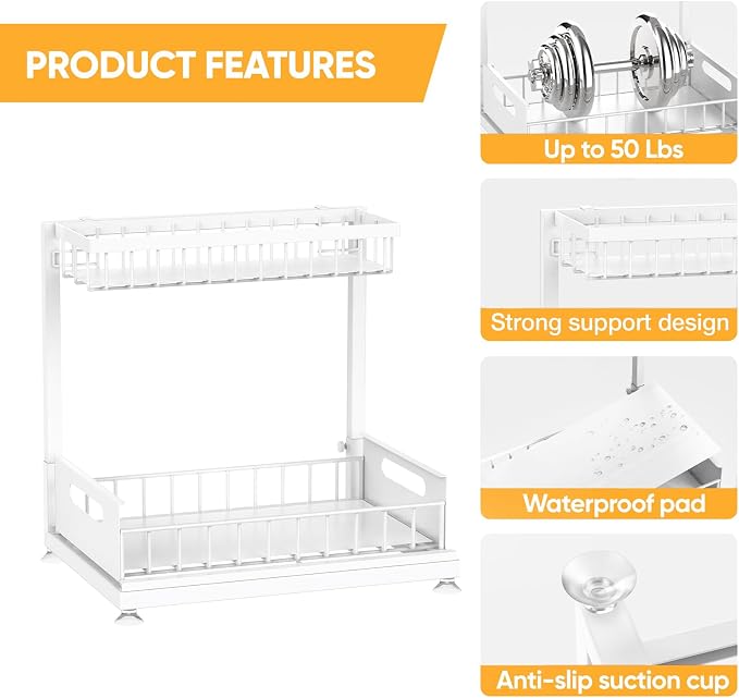 Saydear L-Shaped Under Sink Organizer, 2-Tier Pull-out Cabinet Rack 1-Pack - Image 6