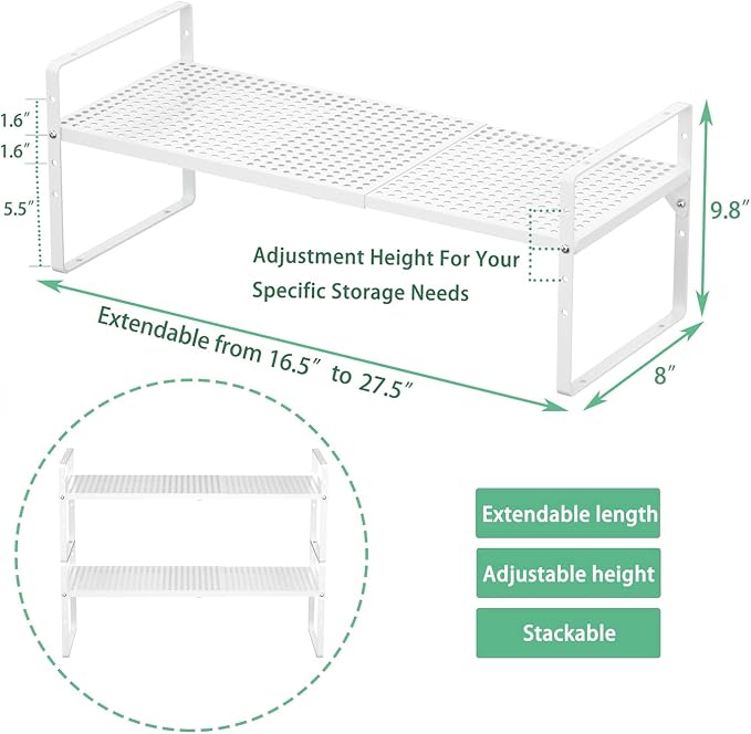 Redrubbit Expandable Cabinet Storage Shelf, Adjustable Height Steel Metal Kitchen Counter Organizers Shelves Spice Rack for Kitchen Pantry Bathroom Cupboard Desk Home Office, White-3 Pack - Image 4