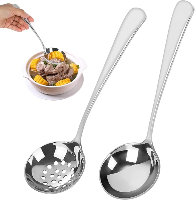 2 Pieces Slotted Spoon and Soup Ladle Stainless Steel Set, 20 cm Ladle Polished, Sauce Spoon, Slotted Spoon for Cooking, Stainless Steel, Dishwasher Safe, Ladle for Serving, Broth and Sauces by GUOYIHUA