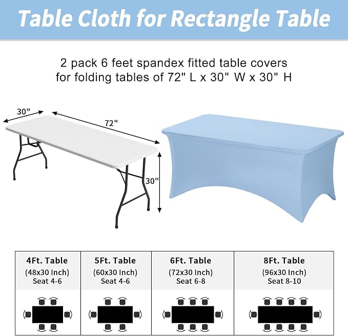 Fixwal 2 Pack 6FT Light Blue Tablecloth Rectangle Spandex Table Cover - Image 3