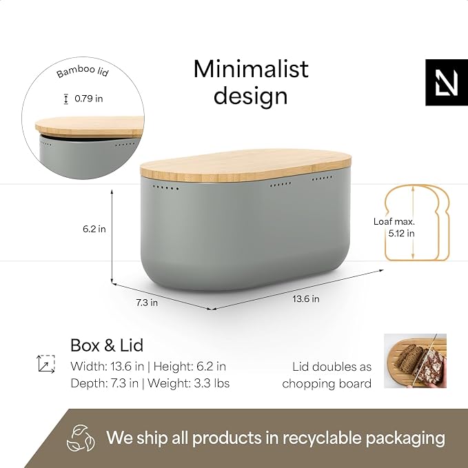 LARS NYSØM Bread Box I Metal bread box for long lasting freshness with non-slip pads I Baked goods Bin with bamboo lid usable as cutting board I 13.6x7.3x6.2in (Ash Gray) - Image 4
