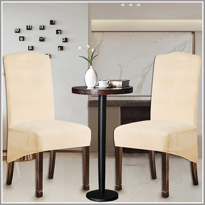 Velvet Plush XL Dining Chair Covers, Stretch Chaircover, Spandex High Chairs Protector Covers Seat Slipcover with Elastic Band for Dining Chairs (Cream Yellow, Set of 2) - Image 5