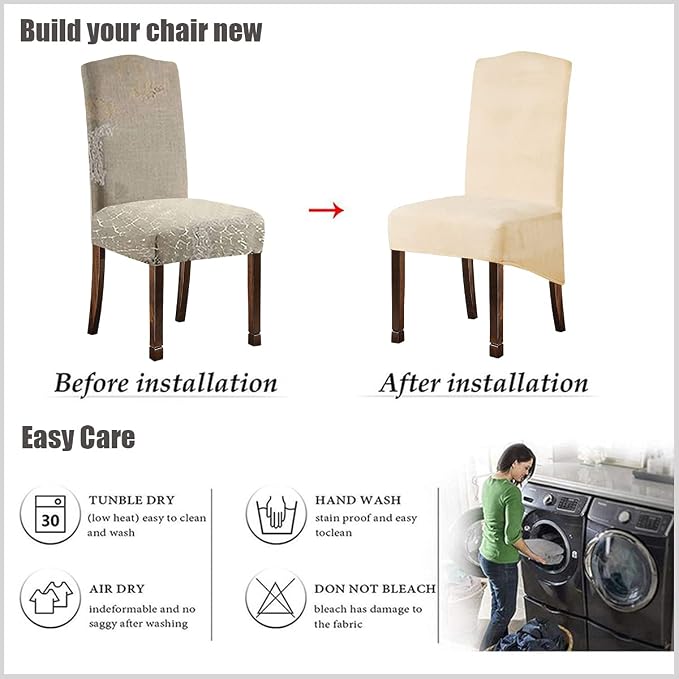 Velvet Plush XL Dining Chair Covers, Stretch Chaircover, Spandex High Chairs Protector Covers Seat Slipcover with Elastic Band for Dining Chairs (Cream, Set of 6) - Image 6
