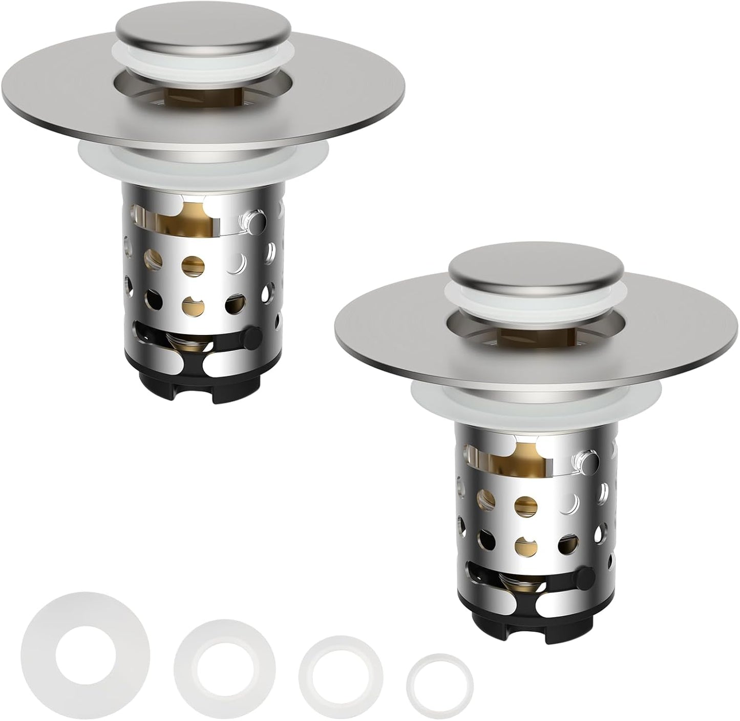 Universal Bathroom Sink Stopper Hair Catcher Upgraded with 2-Layer Detachable Filter Basket, 2PCS 4 in 1 Pop Up Drain Strainer, Anti-Clog, Odor-Block, Fit for 1.1''~2.36'' Sinks, Brushed Nickel