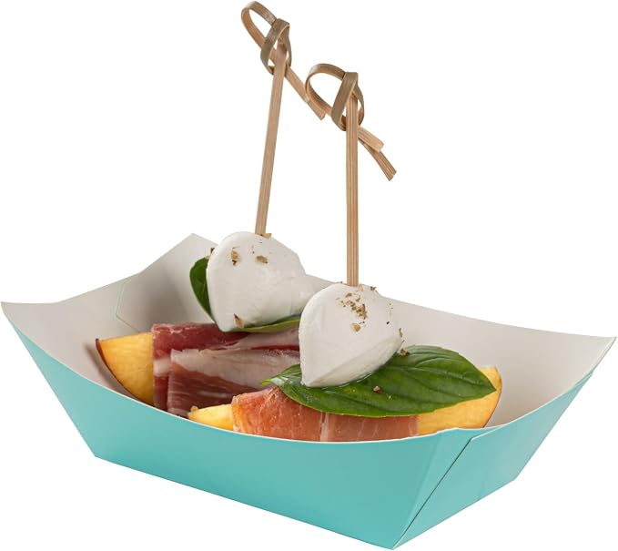 Restaurantware-Bio Tek 6 Ounce Boat Paper Boats, 400 Disposable #40 Food Trays - PE Lining, Durable, Turquoise Paper Food Baskets, For Concession Stands, Picnics, or Fairs, Stackable - Image 8