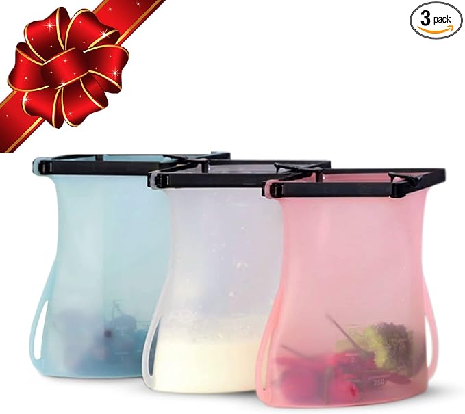 Reusable Food Storage Leakproof Silicone Snap Bags Stand-Up Silicone Food Bag 6 Cups (50 Oz) Microwavable Freezer and Dishwasher Safe Odorless Easy Clean and Dry Ziplock Alternatives (Random Color) by WISELLYReusableProducts