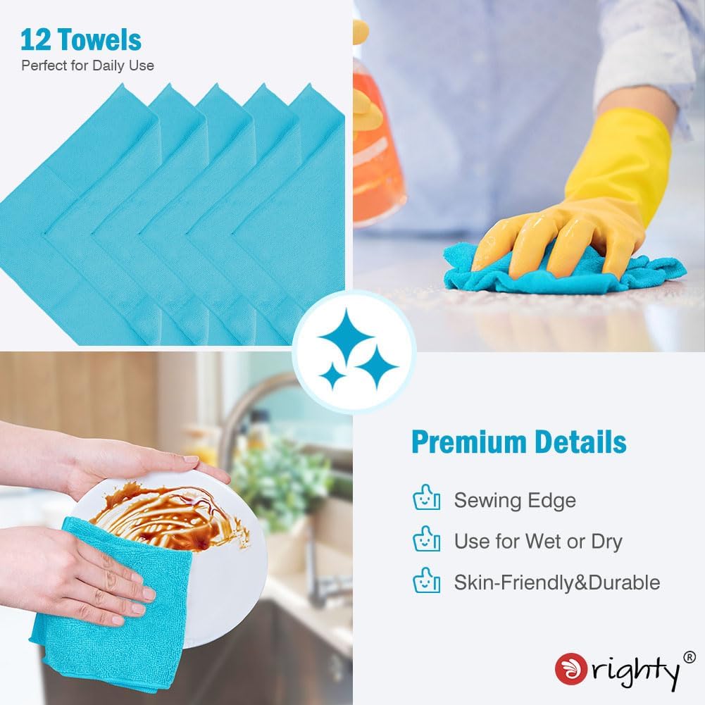 Orighty Microfiber Cleaning Cloth, 12 Pack Highly Absorbent Cleaning Supplies, Lint Free Cloths for Multiple-use, Powerful Dust Removal Clean Rags for House, Kitchen, Car Care(12x12 inch) Blue