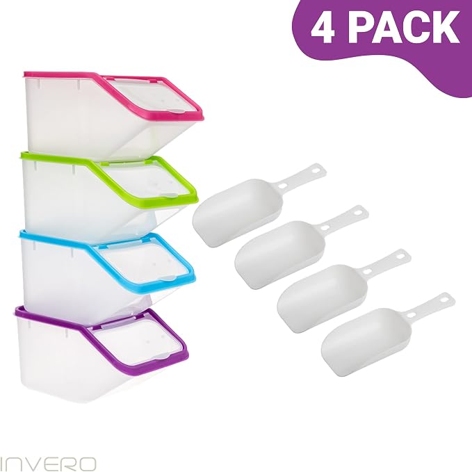 Invero® 4x Set of Kitchen Dry Food Storage Plastic Tub Containers with Scoop ideal for Pasta, Cereal, Rice, Pet Food and more - Image 5