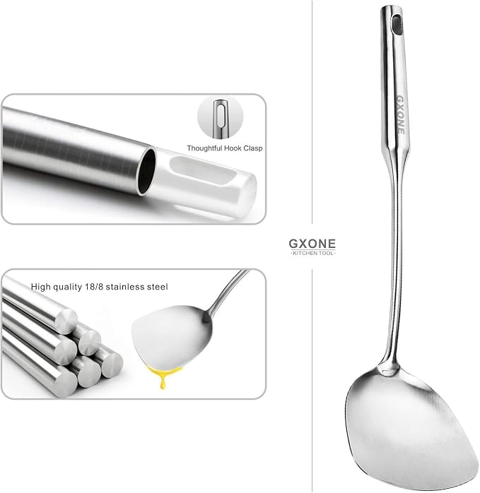 Wok Spatula,Stainless Steel,Long Handle Wok Utensils,Silver/14.7Inch - Image 3